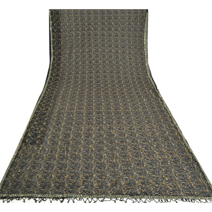 Sanskriti Vintage Hand Beaded Woven Net Mesh Saree Black Sari India Craft Fabric