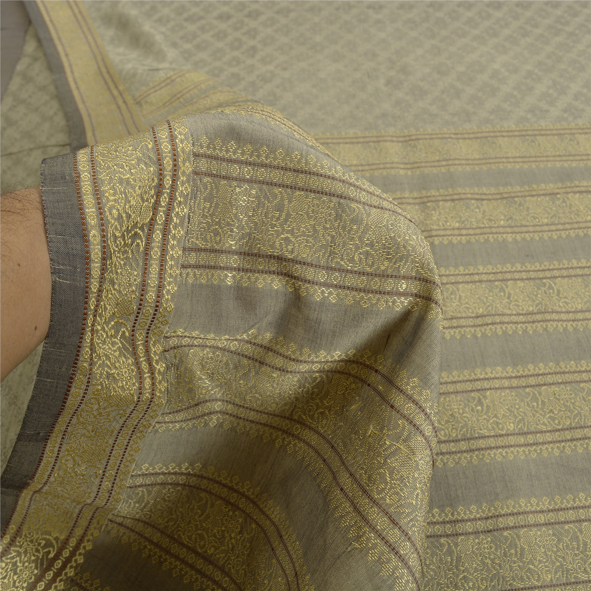 Sanskriti Vintage Woven Art Silk Saree Grey Sari 6Yd Craft Fabric Traditional