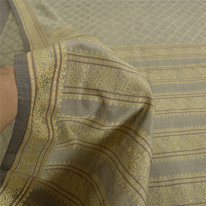Sanskriti Vintage Woven Art Silk Saree Grey Sari 6Yd Craft Fabric Traditional