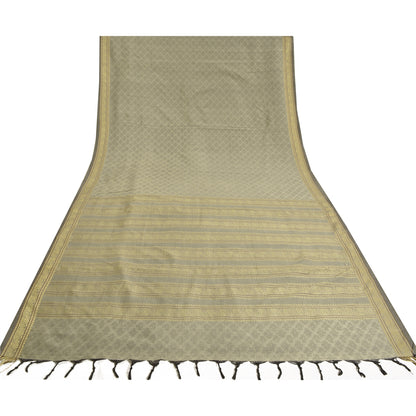 Sanskriti Vintage Woven Art Silk Saree Grey Sari 6Yd Craft Fabric Traditional