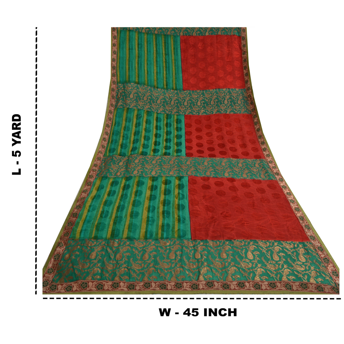 Sanskriti Vintage Woven Patch-Printed Pure Georgette Saree Red-Green Sari Fabric