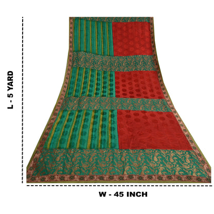Sanskriti Vintage Woven Patch-Printed Pure Georgette Saree Red-Green Sari Fabric