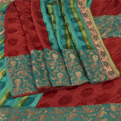 Sanskriti Vintage Woven Patch-Printed Pure Georgette Saree Red-Green Sari Fabric