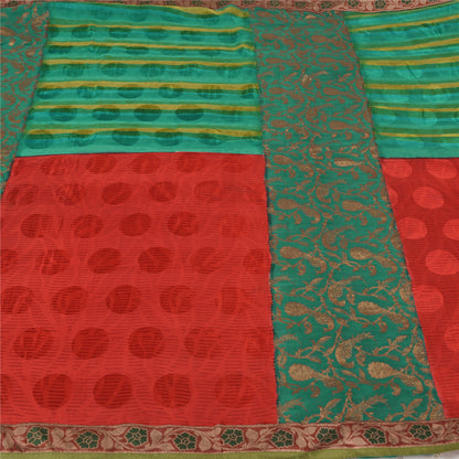 Sanskriti Vintage Woven Patch-Printed Pure Georgette Saree Red-Green Sari Fabric