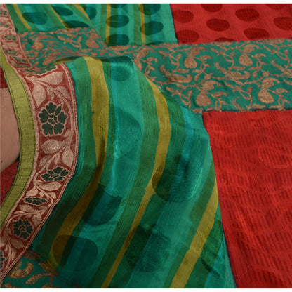 Sanskriti Vintage Woven Patch-Printed Pure Georgette Saree Red-Green Sari Fabric