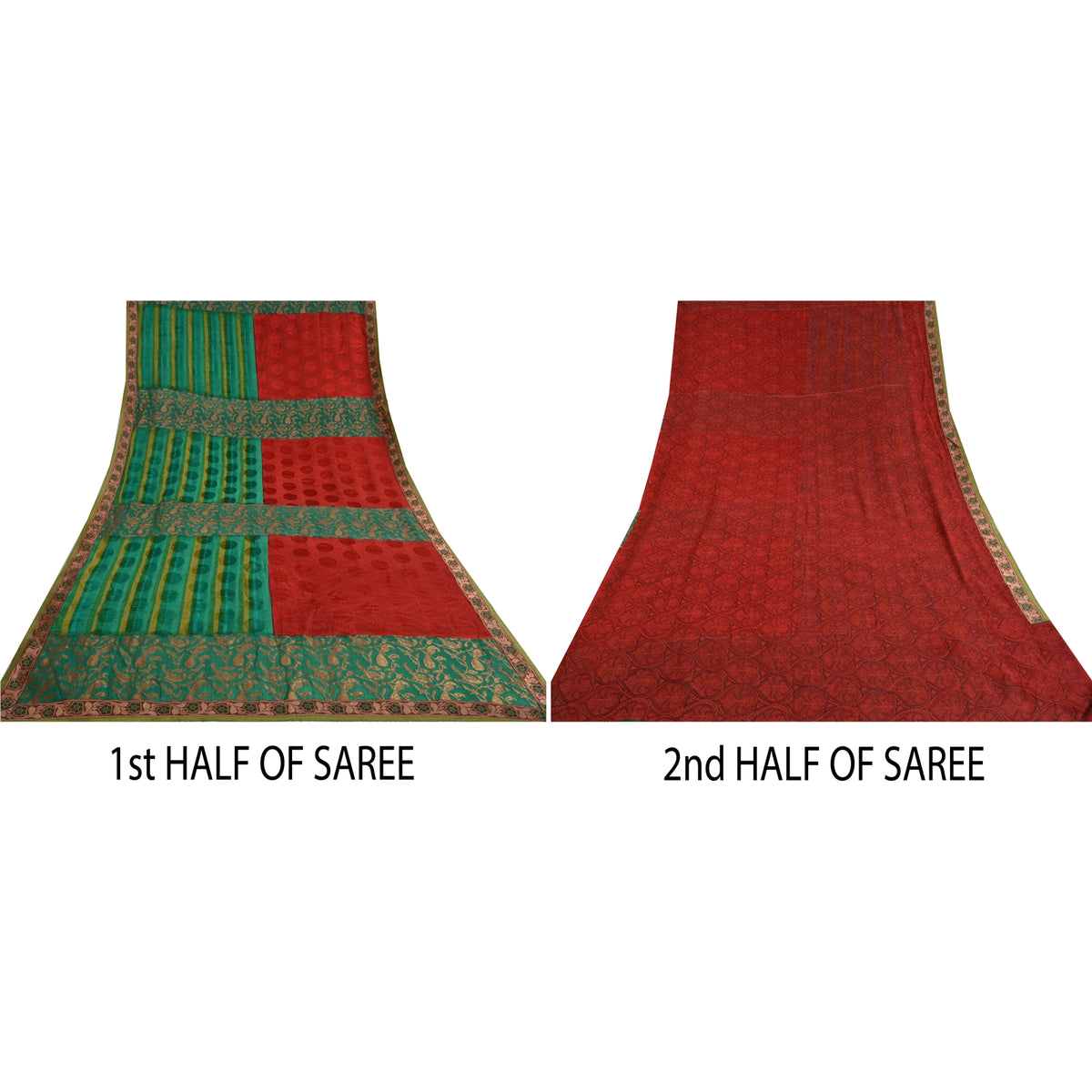 Sanskriti Vintage Woven Patch-Printed Pure Georgette Saree Red-Green Sari Fabric