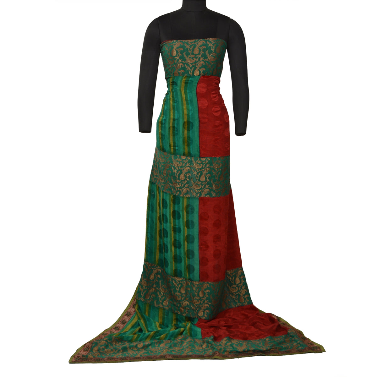 Sanskriti Vintage Woven Patch-Printed Pure Georgette Saree Red-Green Sari Fabric