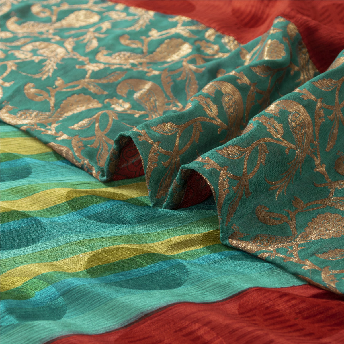 Sanskriti Vintage Woven Patch-Printed Pure Georgette Saree Red-Green Sari Fabric