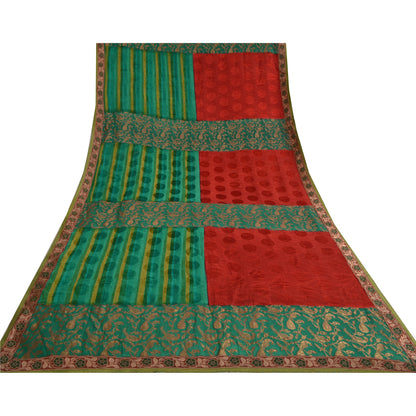 Sanskriti Vintage Woven Patch-Printed Pure Georgette Saree Red-Green Sari Fabric