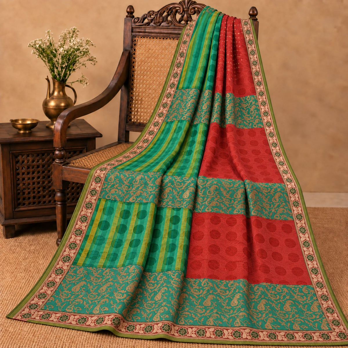 Sanskriti Vintage Woven Patch-Printed Pure Georgette Saree Red-Green Sari Fabric