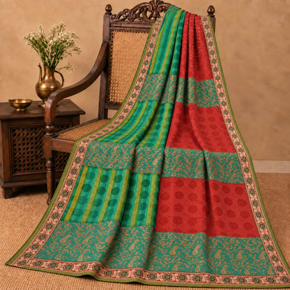 Sanskriti Vintage Woven Patch-Printed Pure Georgette Saree Red-Green Sari Fabric