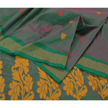Sanskriti Vintage Tant Jacquard Woven Art Silk Saree Green Sari 5Yd Craft Fabric
