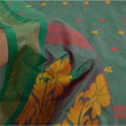 Sanskriti Vintage Tant Jacquard Woven Art Silk Saree Green Sari 5Yd Craft Fabric