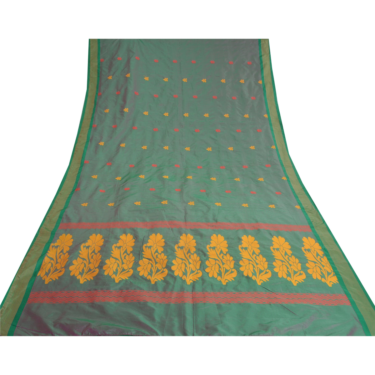 Sanskriti Vintage Tant Jacquard Woven Art Silk Saree Green Sari 5Yd Craft Fabric