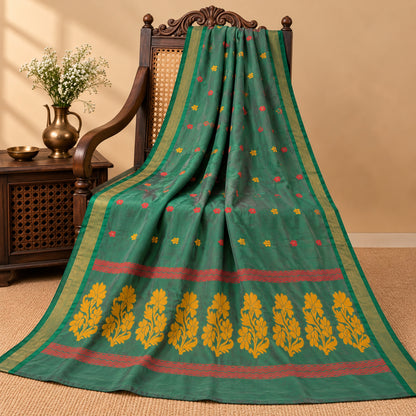 Sanskriti Vintage Tant Jacquard Woven Art Silk Saree Green Sari 5Yd Craft Fabric