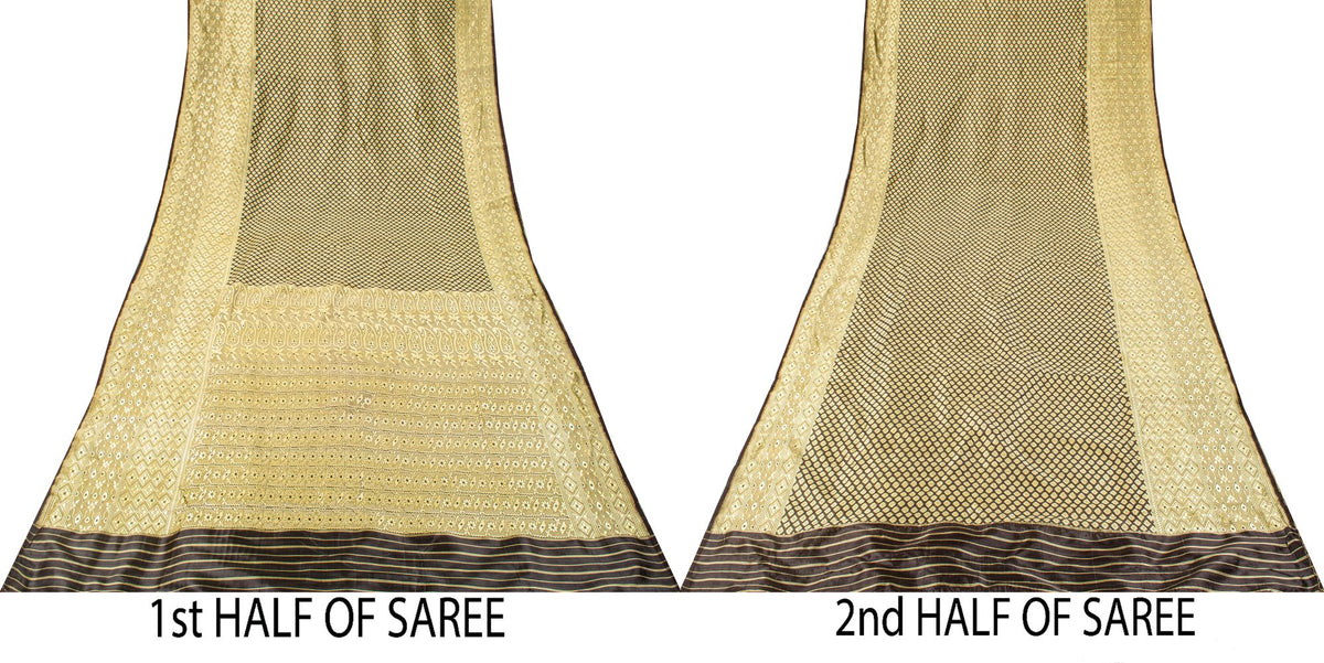 Sanskriti Vintage Brocade Woven Blend Silk Saree Brown Sari 5 Yard Craft Fabric