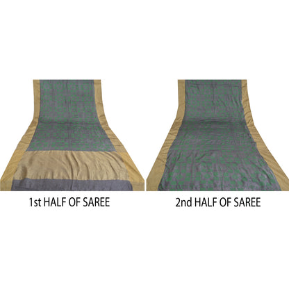 Sanskriti Vintage Grey Sarees 100% Pure Silk Woven Sari Craft 5 Yard Soft Fabric