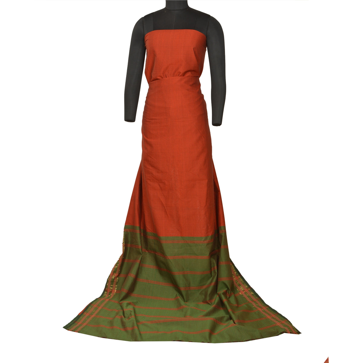 Sanskriti Vintage Ilkal Hand Woven Blend Silk Saree Green-Red Sari Craft Fabric