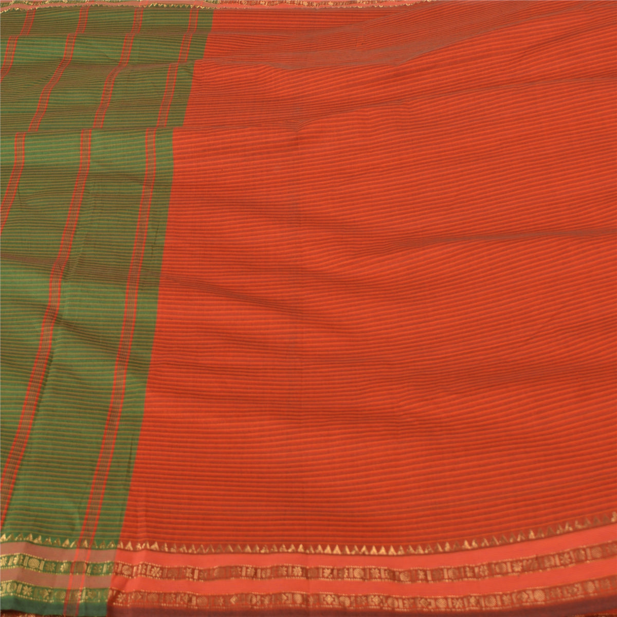 Sanskriti Vintage Ilkal Hand Woven Blend Silk Saree Green-Red Sari Craft Fabric