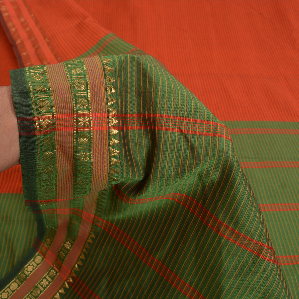 Sanskriti Vintage Ilkal Hand Woven Blend Silk Saree Green-Red Sari Craft Fabric