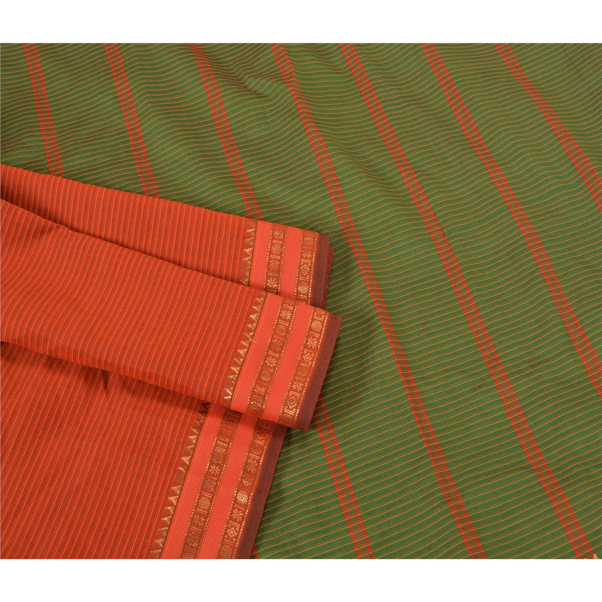 Sanskriti Vintage Ilkal Hand Woven Blend Silk Saree Green-Red Sari Craft Fabric
