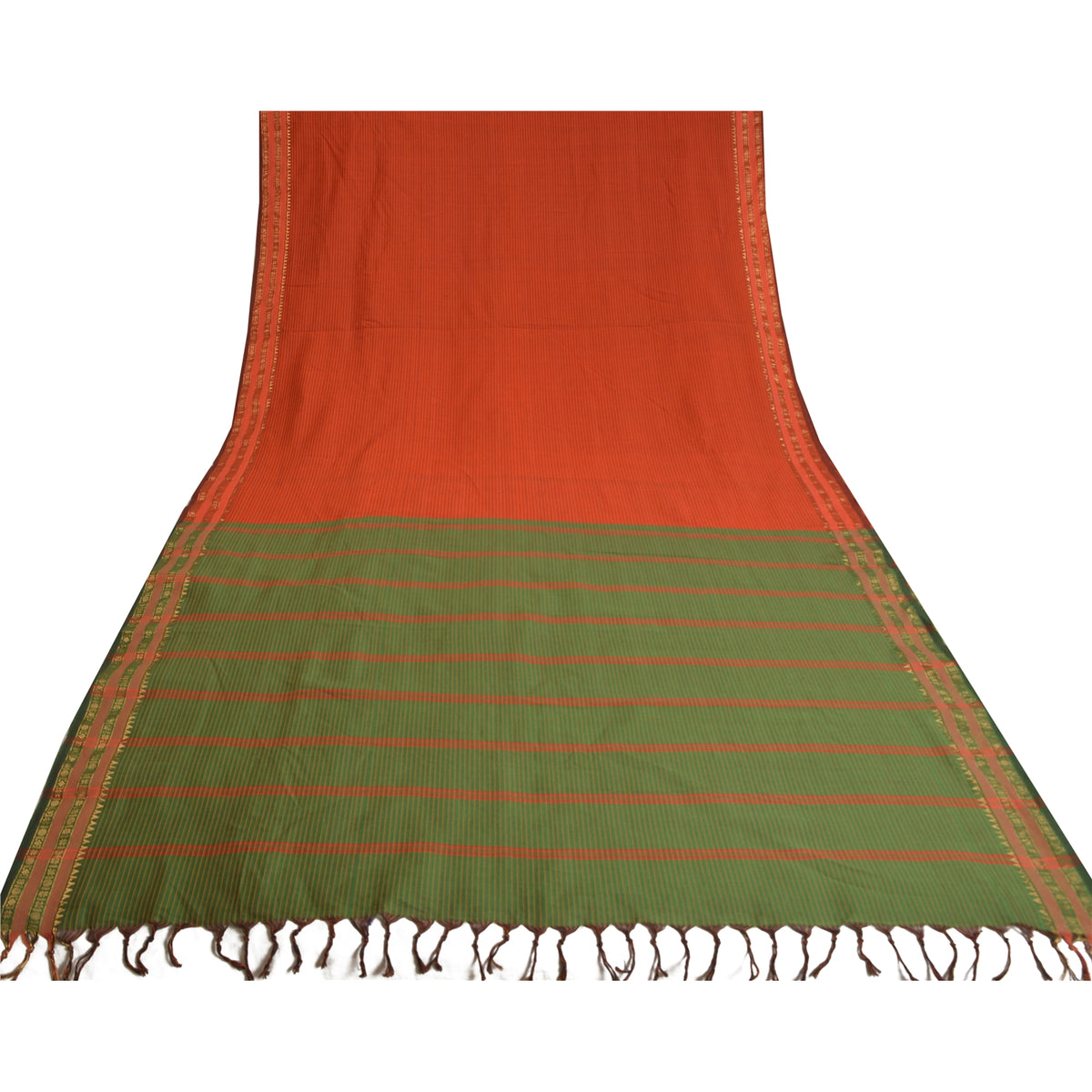 Sanskriti Vintage Ilkal Hand Woven Blend Silk Saree Green-Red Sari Craft Fabric
