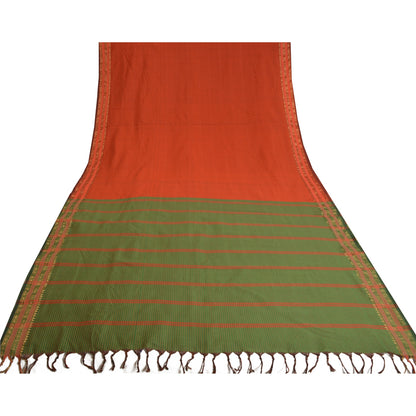 Sanskriti Vintage Ilkal Hand Woven Blend Silk Saree Green-Red Sari Craft Fabric