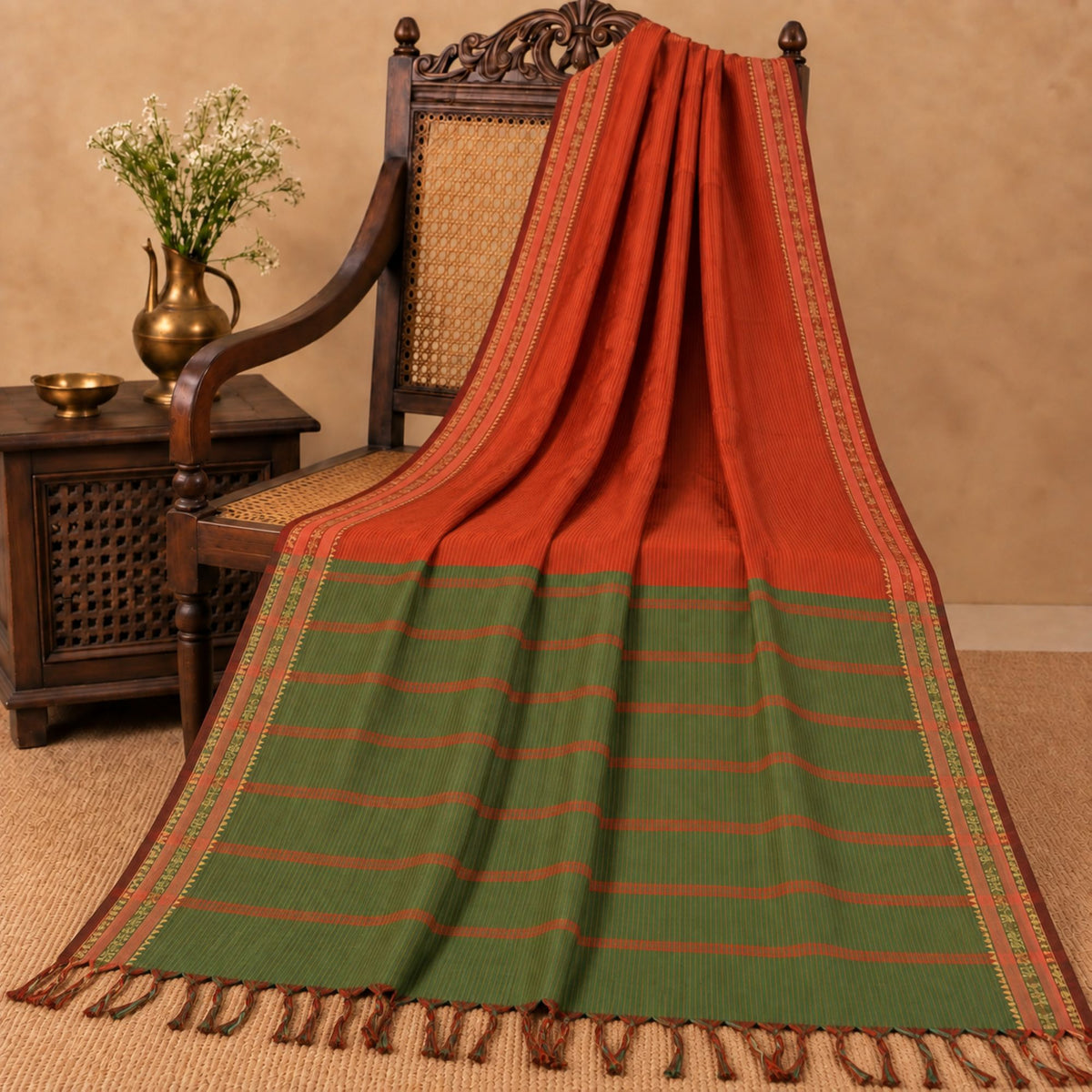 Sanskriti Vintage Ilkal Hand Woven Blend Silk Saree Green-Red Sari Craft Fabric