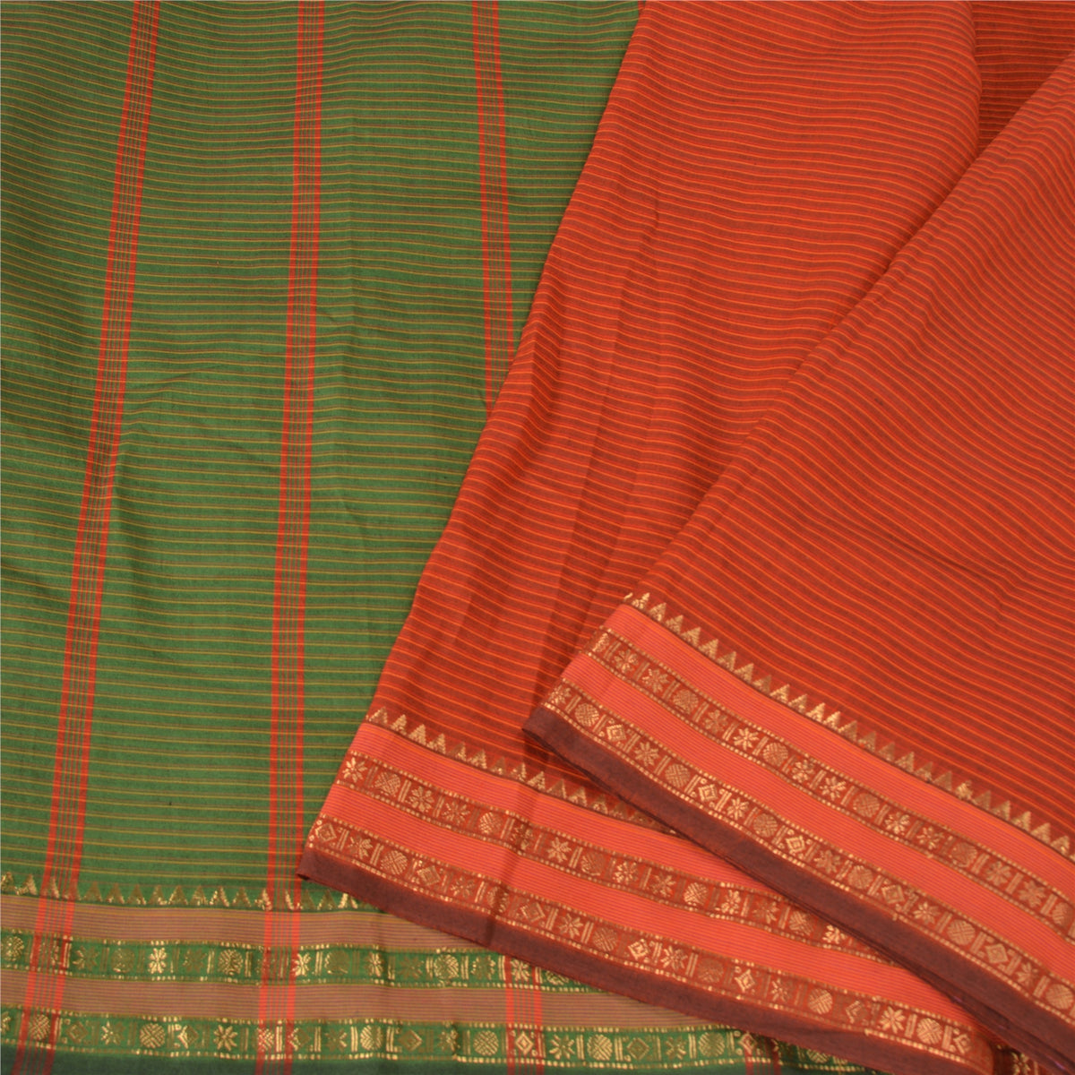 Sanskriti Vintage Ilkal Hand Woven Blend Silk Saree Green-Red Sari Craft Fabric