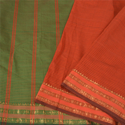 Sanskriti Vintage Ilkal Hand Woven Blend Silk Saree Green-Red Sari Craft Fabric