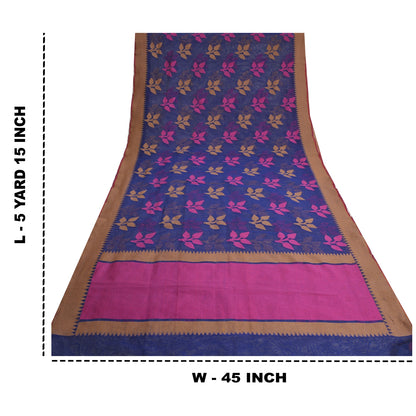 Sanskriti Vintage Tant Jacquard Woven Art Silk Saree Blue Bengali Sari Fabric