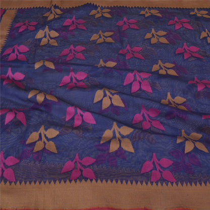Sanskriti Vintage Tant Jacquard Woven Art Silk Saree Blue Bengali Sari Fabric