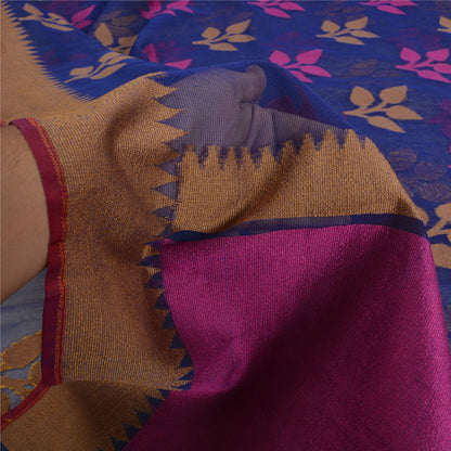 Sanskriti Vintage Tant Jacquard Woven Art Silk Saree Blue Bengali Sari Fabric
