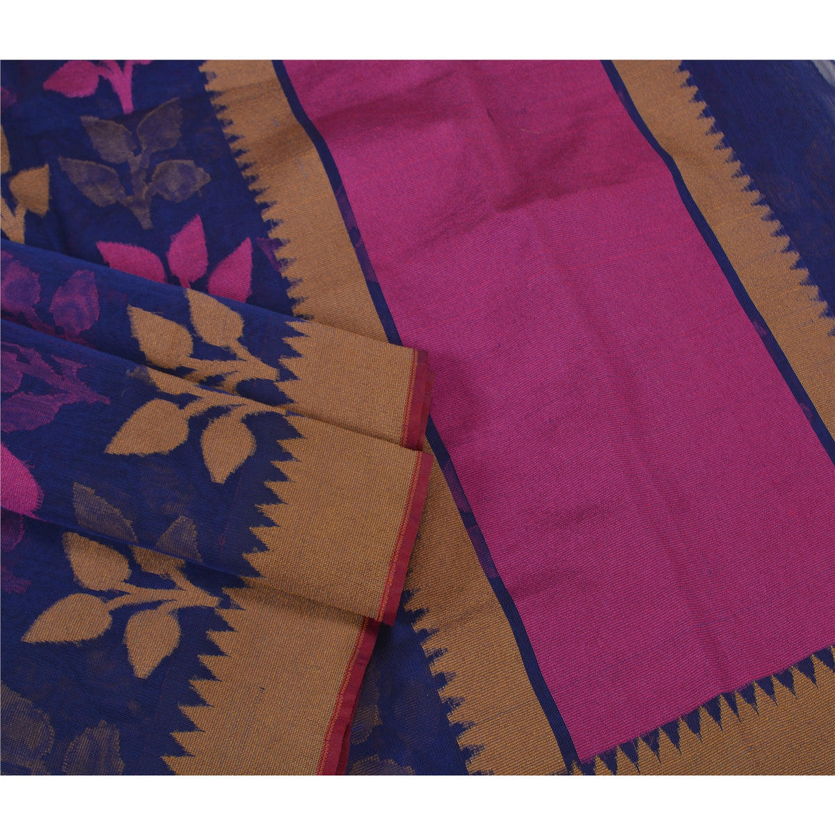Sanskriti Vintage Tant Jacquard Woven Art Silk Saree Blue Bengali Sari Fabric
