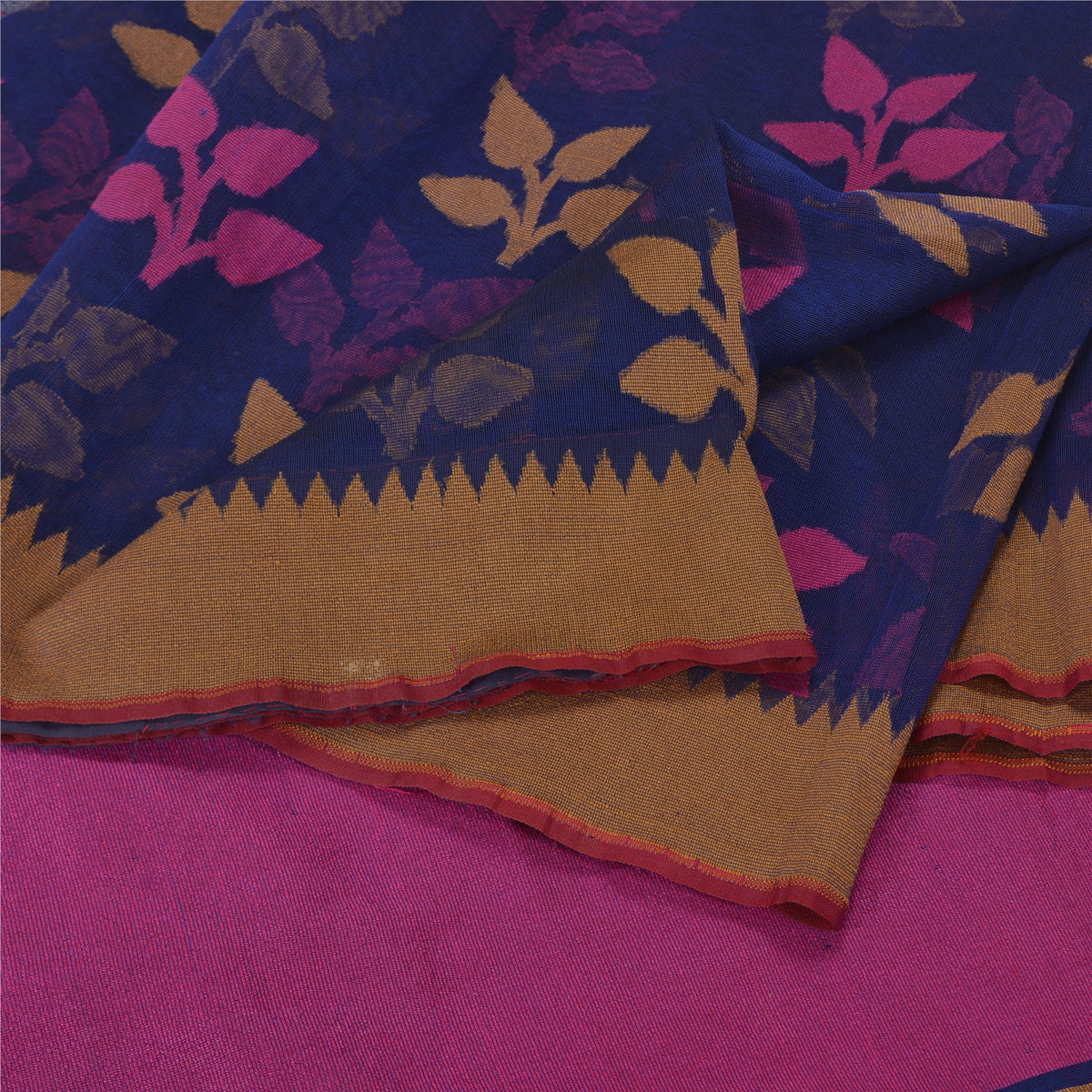 Sanskriti Vintage Tant Jacquard Woven Art Silk Saree Blue Bengali Sari Fabric