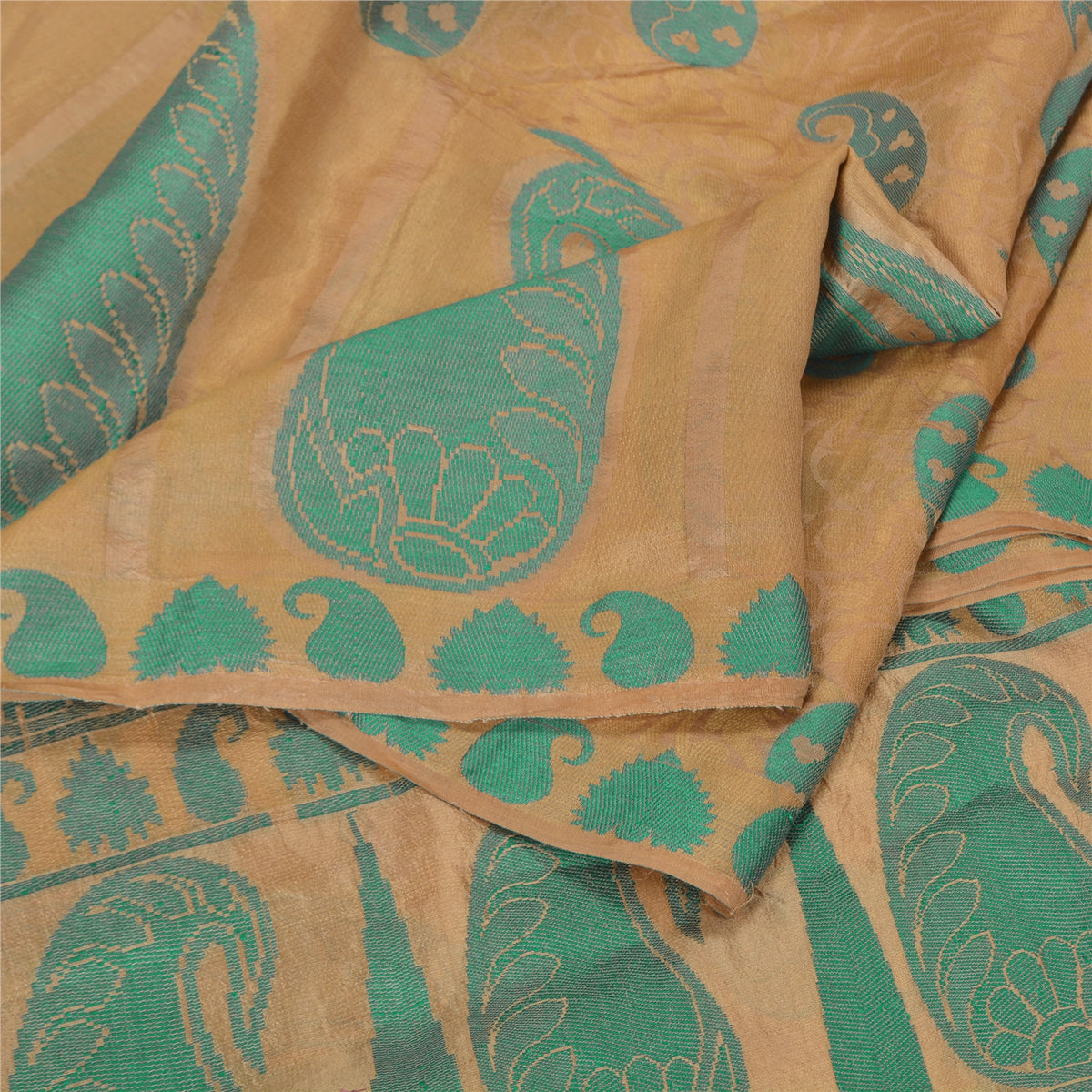 Sanskriti Vintage Woven Paisley 100% Pure Silk Saree Golden Sari Craft Fabric