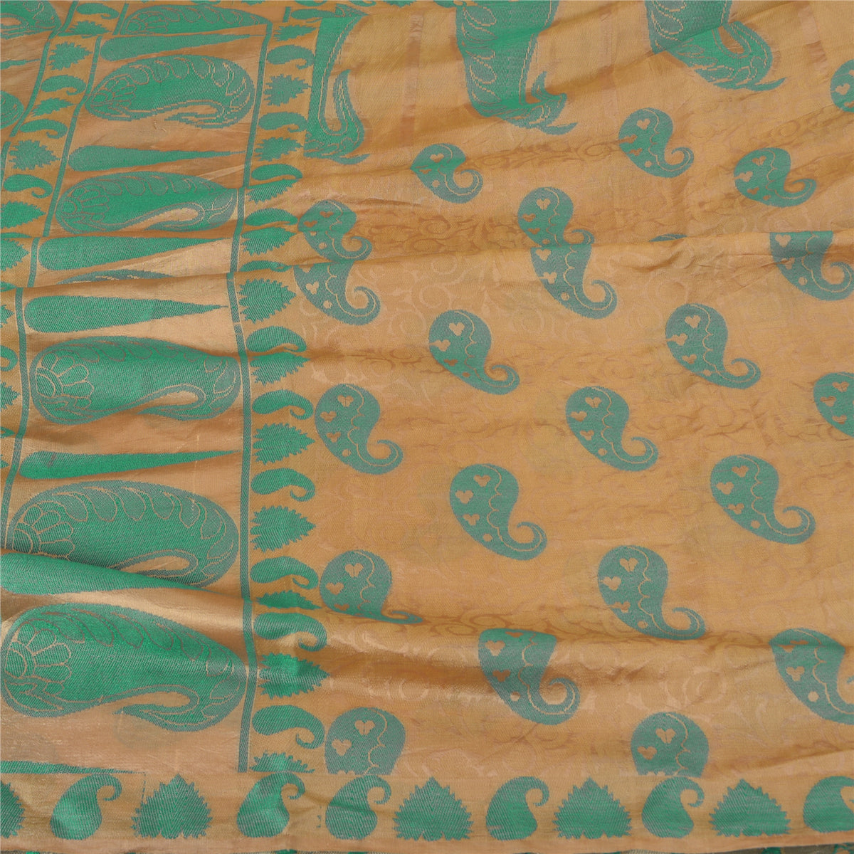 Sanskriti Vintage Woven Paisley 100% Pure Silk Saree Golden Sari Craft Fabric