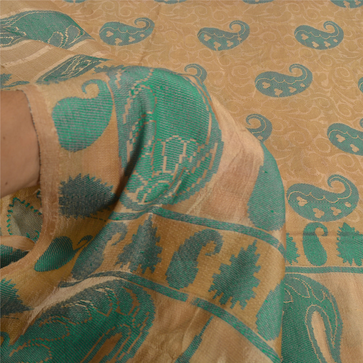 Sanskriti Vintage Woven Paisley 100% Pure Silk Saree Golden Sari Craft Fabric