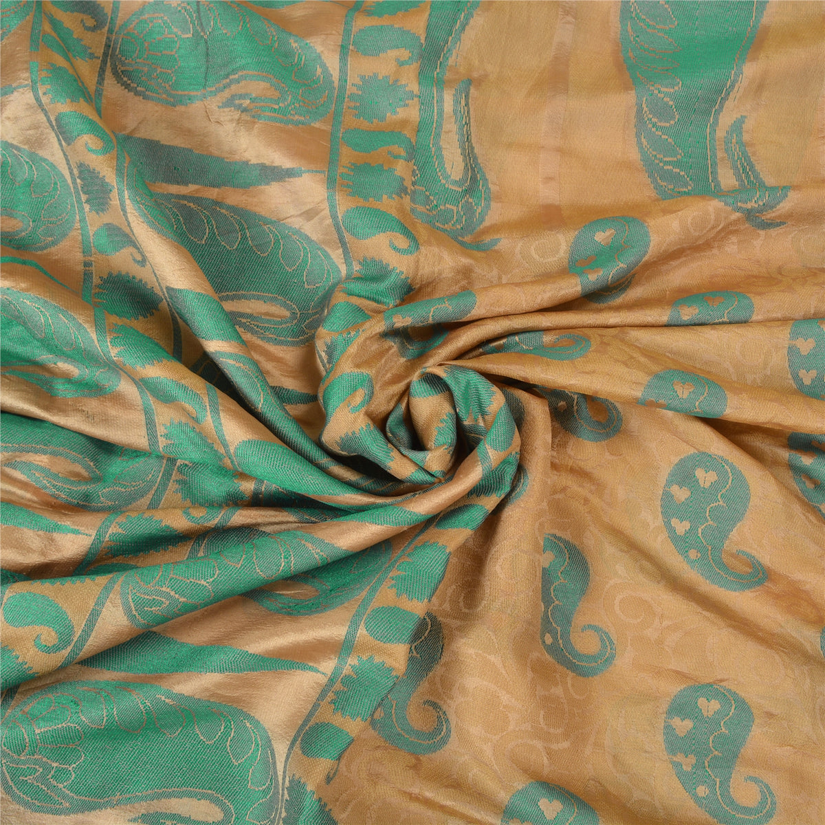 Sanskriti Vintage Woven Paisley 100% Pure Silk Saree Golden Sari Craft Fabric