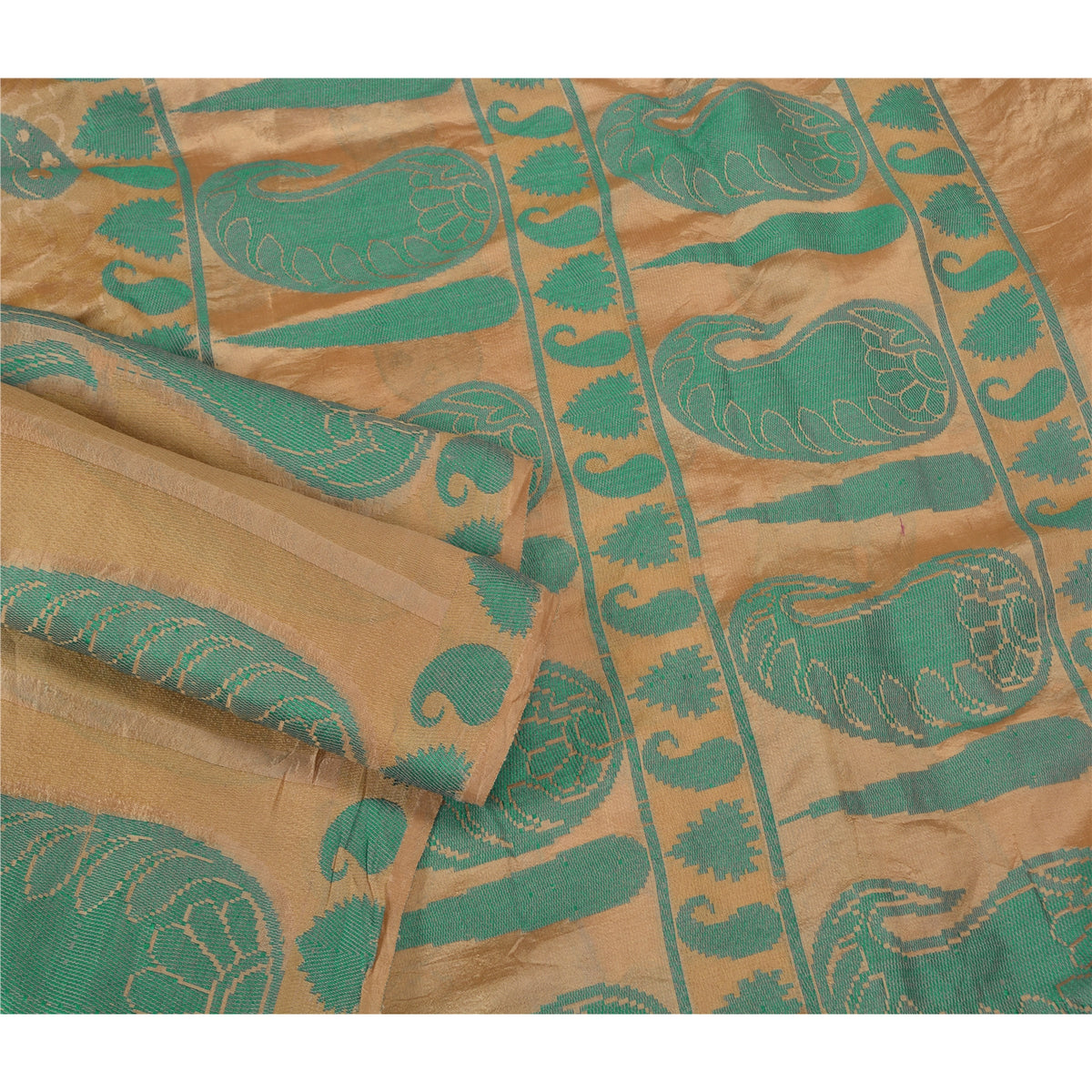 Sanskriti Vintage Woven Paisley 100% Pure Silk Saree Golden Sari Craft Fabric