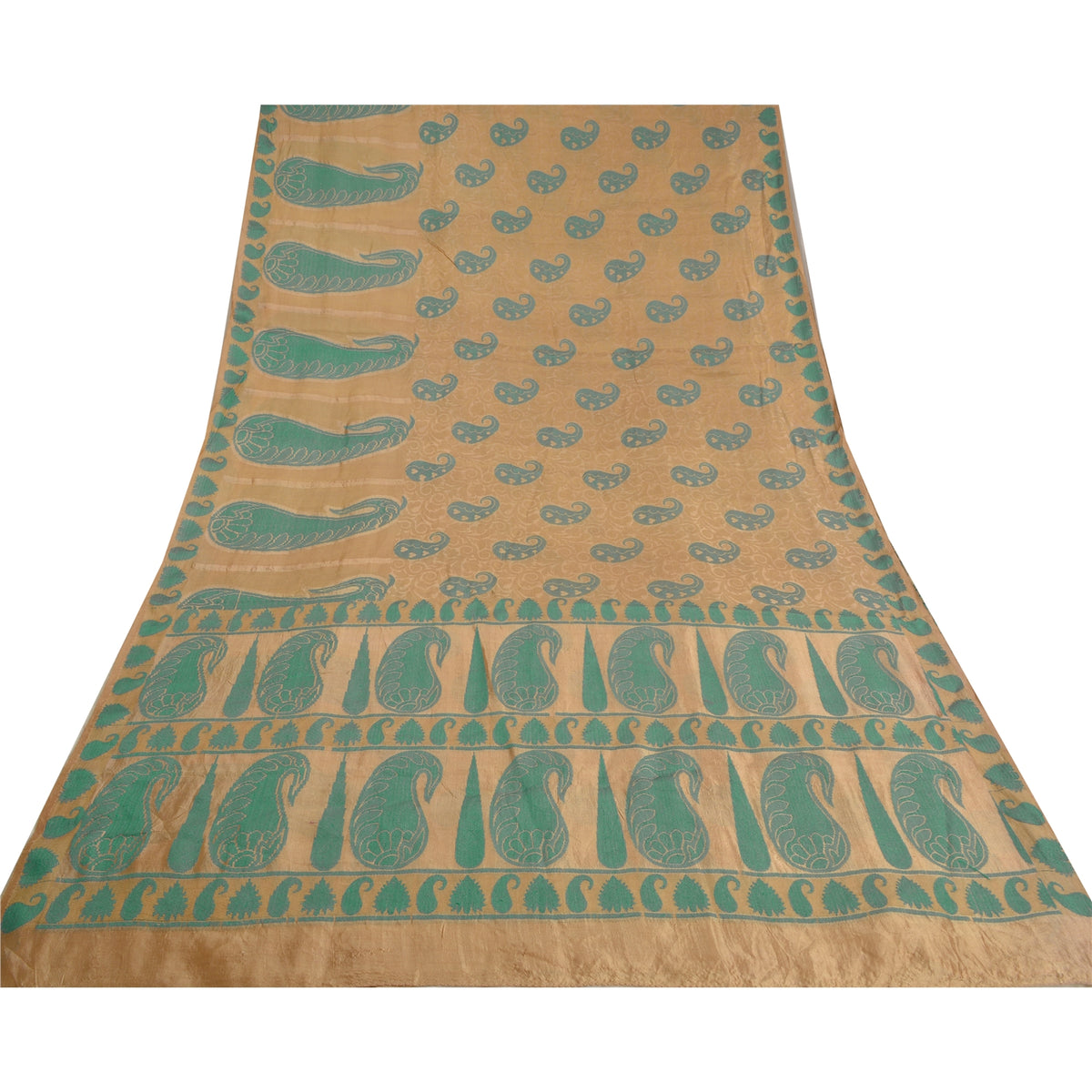 Sanskriti Vintage Woven Paisley 100% Pure Silk Saree Golden Sari Craft Fabric