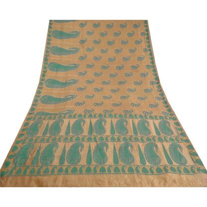 Sanskriti Vintage Woven Paisley 100% Pure Silk Saree Golden Sari Craft Fabric