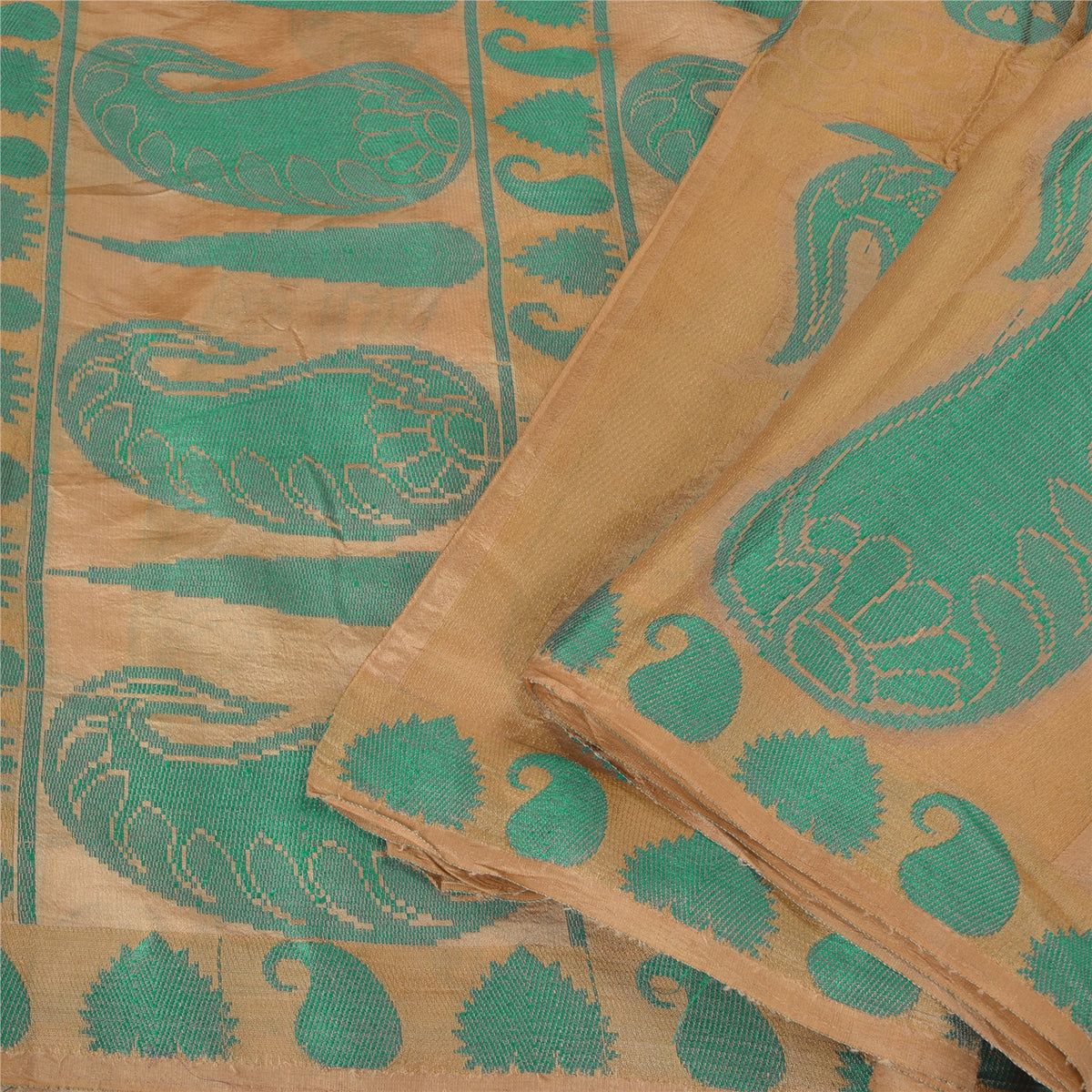 Sanskriti Vintage Woven Paisley 100% Pure Silk Saree Golden Sari Craft Fabric