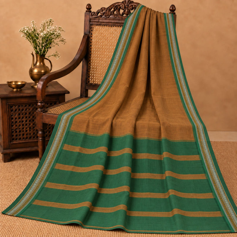 Sanskriti Vintage Ilkal Hand Woven Cotton Saree Brown karnataka Sari 5Yd Fabric
