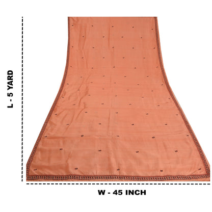 Sanskriti Vintage Embroidery Paisely Pure Silk Saree Peach Sari 5Yd Craft Fabric