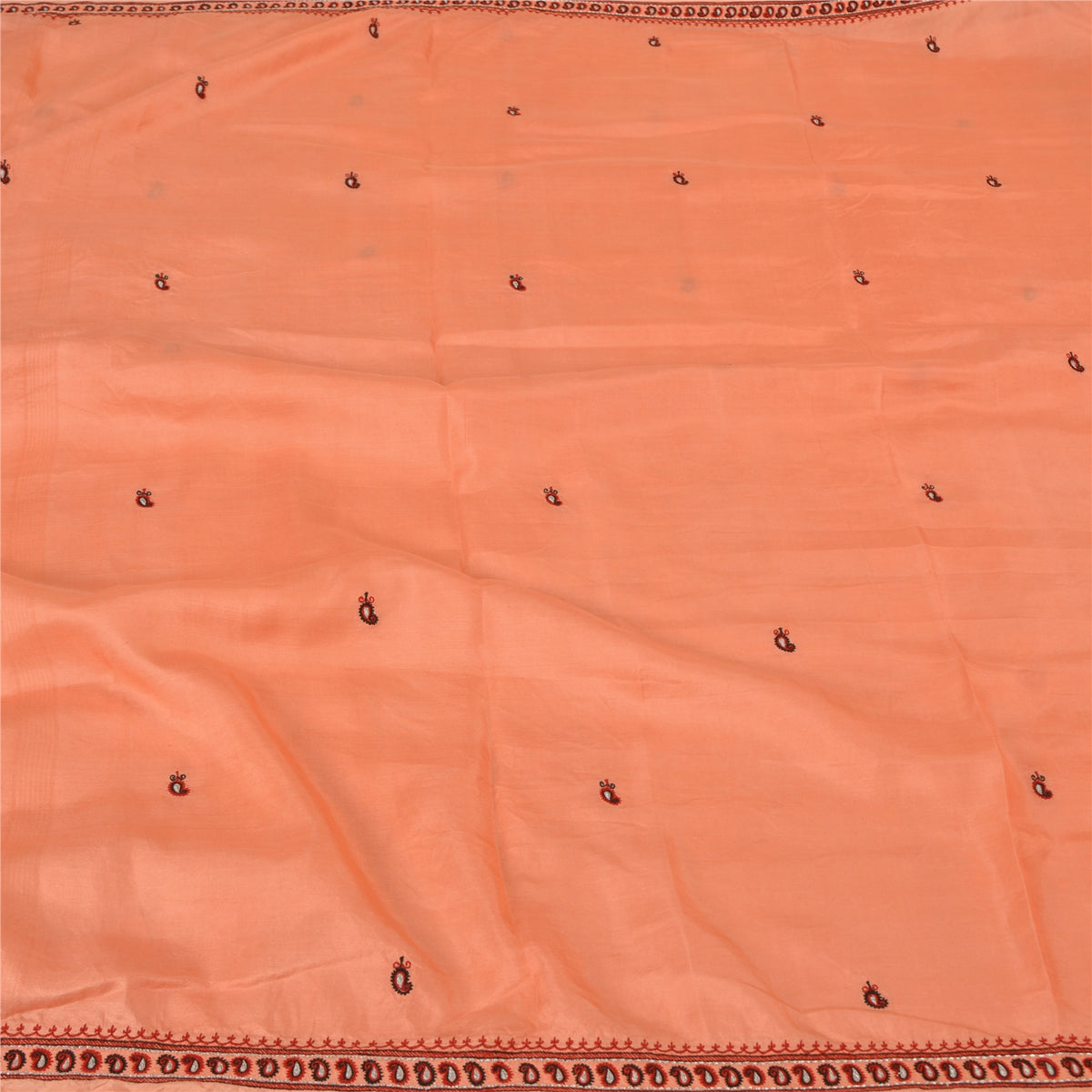 Sanskriti Vintage Embroidery Paisely Pure Silk Saree Peach Sari 5Yd Craft Fabric