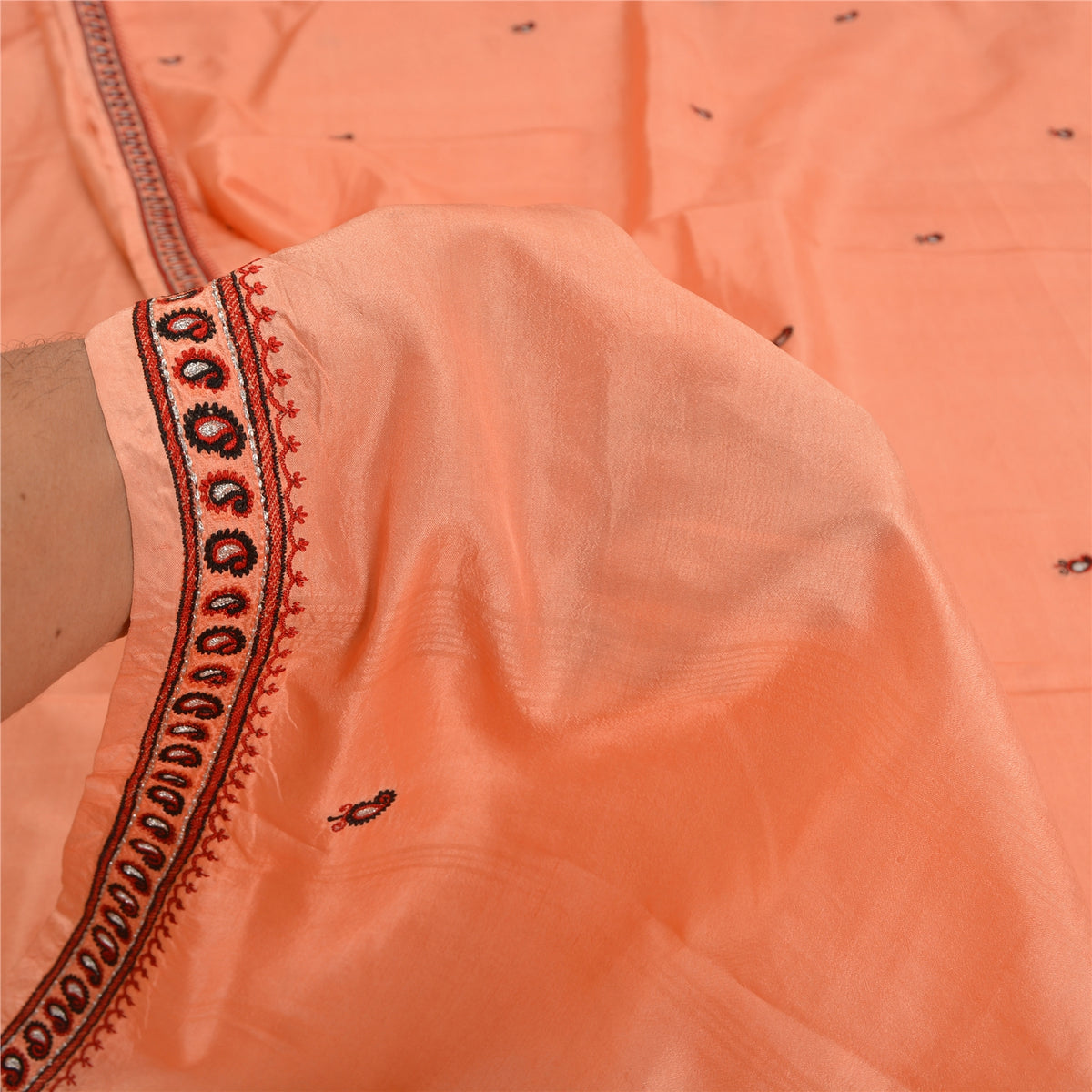 Sanskriti Vintage Embroidery Paisely Pure Silk Saree Peach Sari 5Yd Craft Fabric
