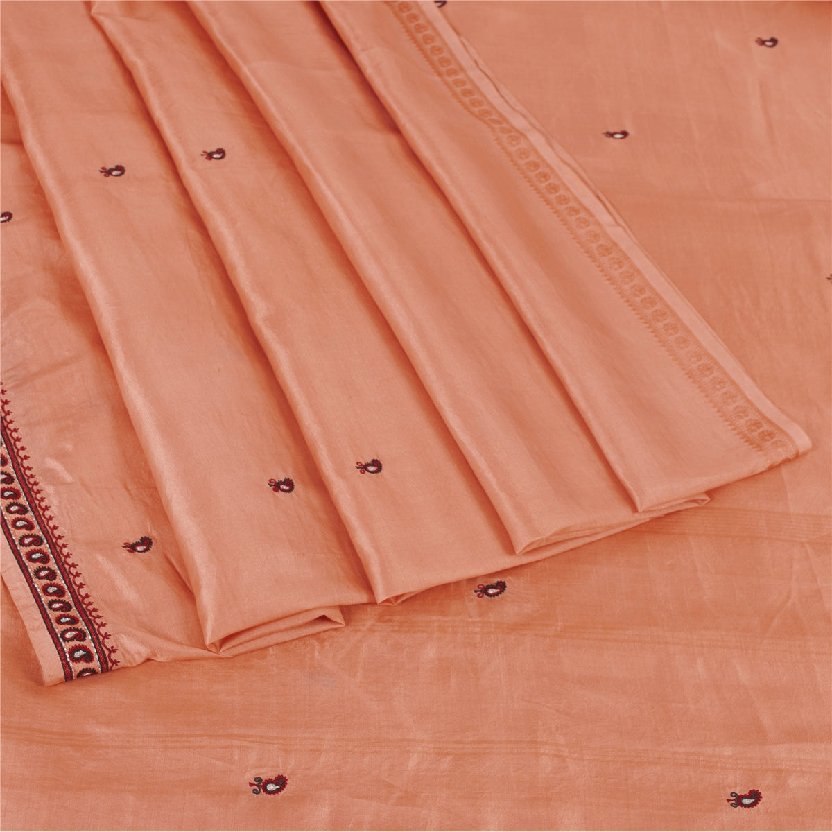 Sanskriti Vintage Embroidery Paisely Pure Silk Saree Peach Sari 5Yd Craft Fabric