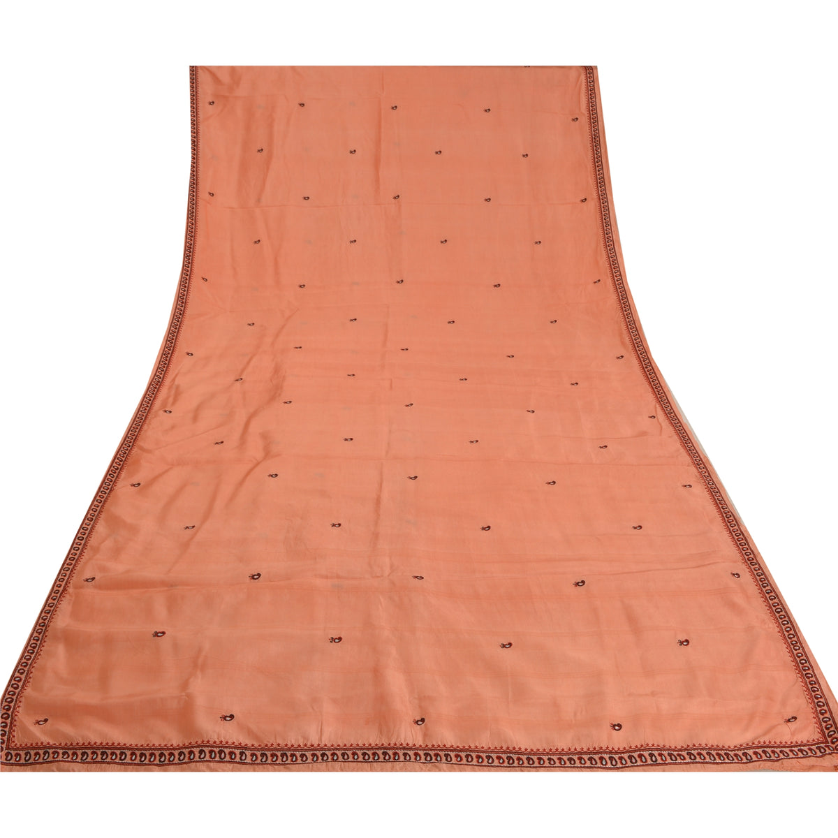 Sanskriti Vintage Embroidery Paisely Pure Silk Saree Peach Sari 5Yd Craft Fabric
