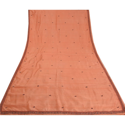 Sanskriti Vintage Embroidery Paisely Pure Silk Saree Peach Sari 5Yd Craft Fabric